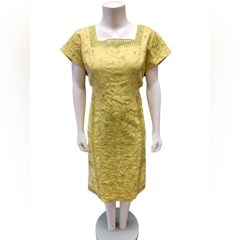 Jsong EUC 100% Linen Midi Dress Citrus Color Size 16